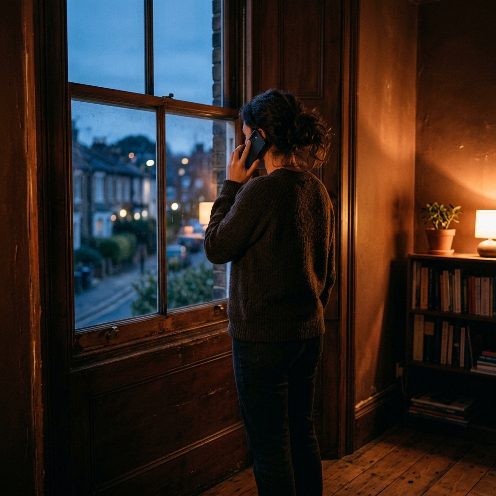 Eine Person steht am Abend mit einem Telefon am Ohr an einem Fenster, im Raum warmes Lampenlicht.