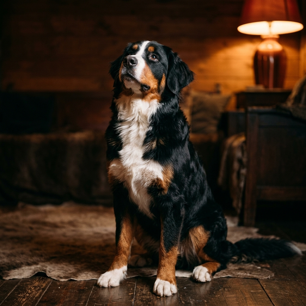 Ein junger Berner Sennenhund sitzt aufrecht in warmem Lampenlicht vor dunklem Holz.